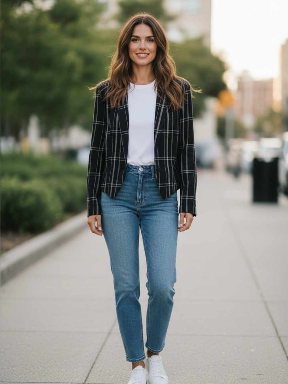 Vintage Black Windowpane Plaid Open Cropped Blazer